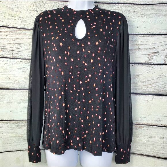 Maurices Black Print Keyhole Blouse Women’s Size Large Sheer Sleeve Mixed Media - Picture 1 of 8
